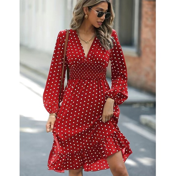 Retro V-Neck Ruffle Long Sleeve Polka Dot Midi Dress Red White M L XL Nwt - Picture 2 of 6